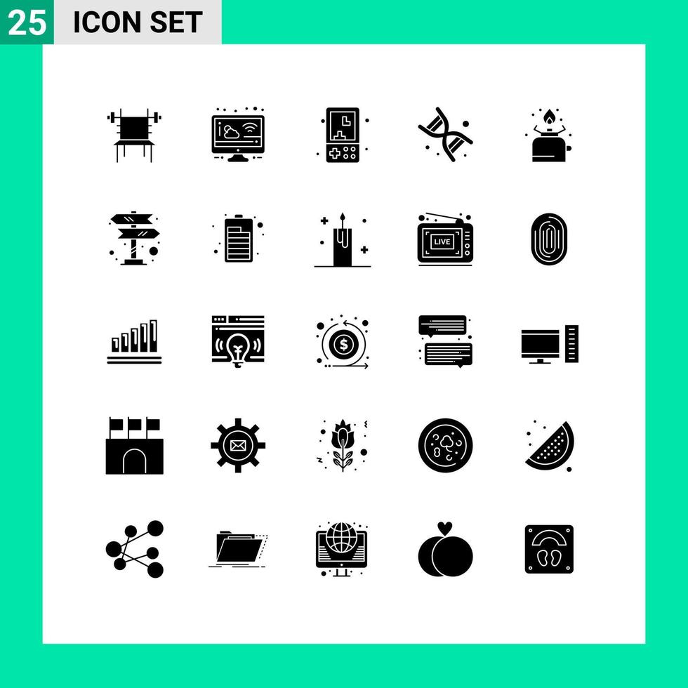 Editable Vector Line Pack of 25 Simple Solid Glyphs of technology dna weather bio kids Editable Vector Design Elements