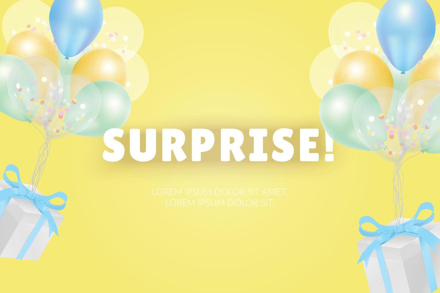 diseño de banner festivo sorpresa con globos y cajas de regalo vector