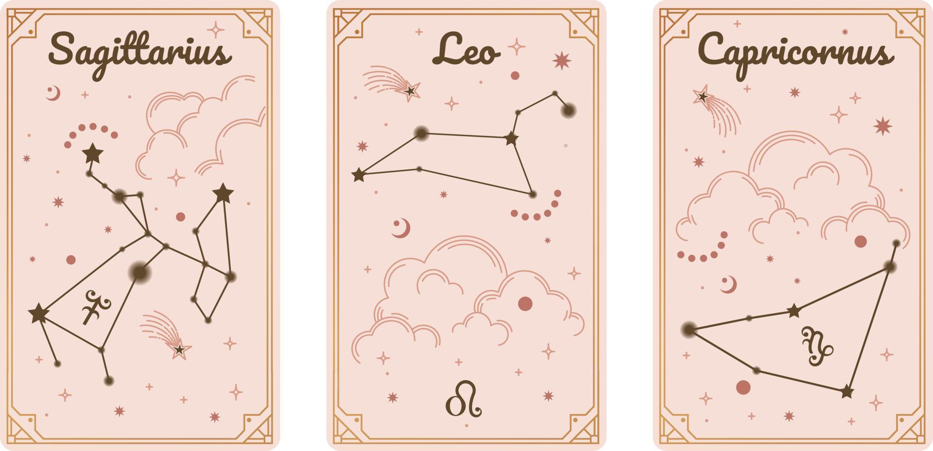 Sagittarius Leo and Capricornus zodiac symbols surround clouds, stars, luxury, esoteric, and boho styles. Fit for paranormal tarot readers and astrologers. Elegant symbols icons of esoteric horoscope vector