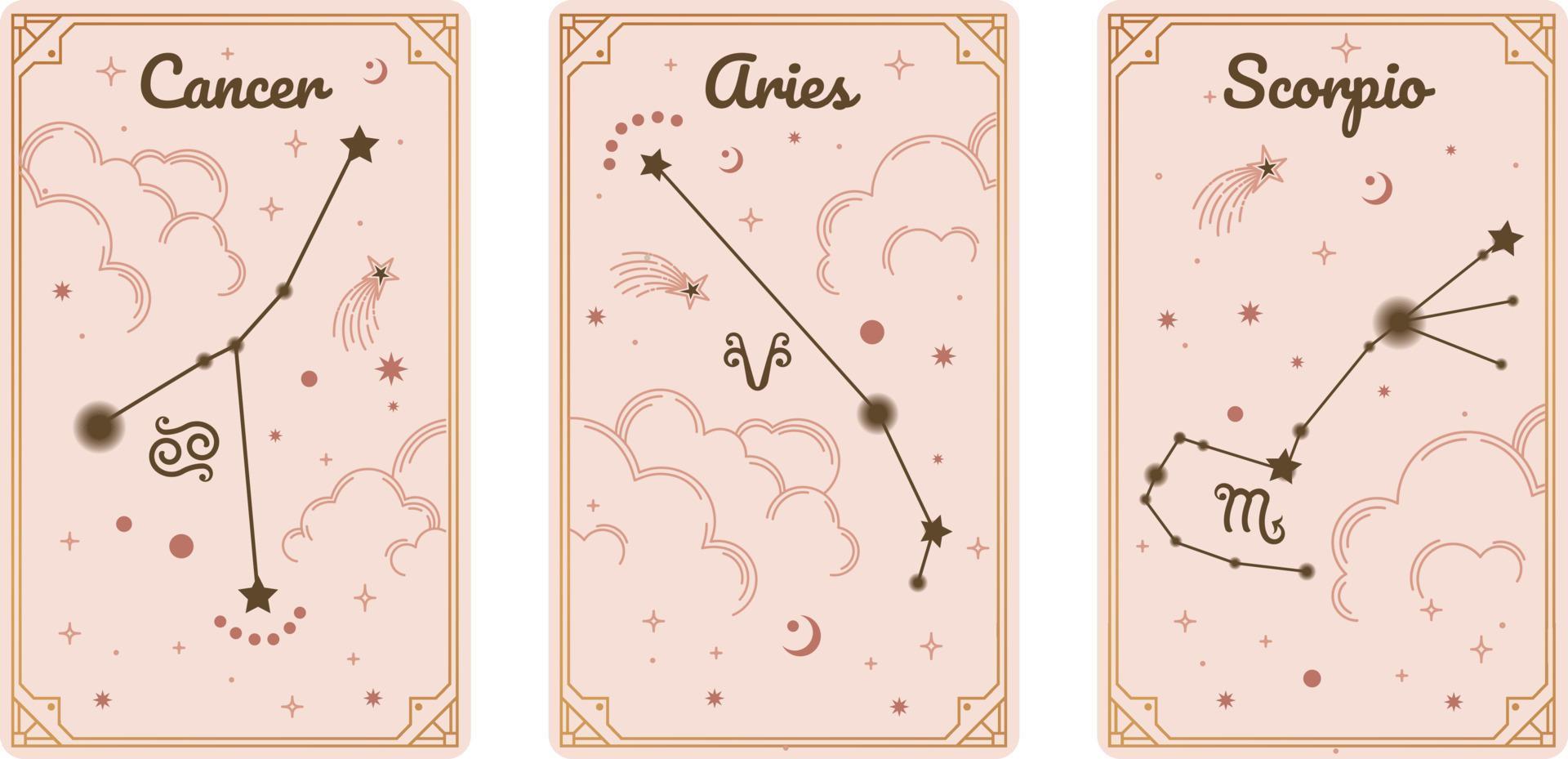 Cancer Aries and Scorpio zodiac symbols surround clouds, stars, luxury, esoteric, and boho styles. Fit for paranormal, tarot readers, and astrologers vector