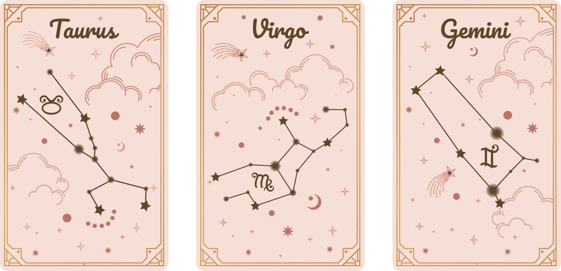 Taurus Virgo and Gemini zodiac symbols surround clouds, stars, luxury, esoteric, and boho styles. Fit for paranormal, tarot readers, and astrologers vector