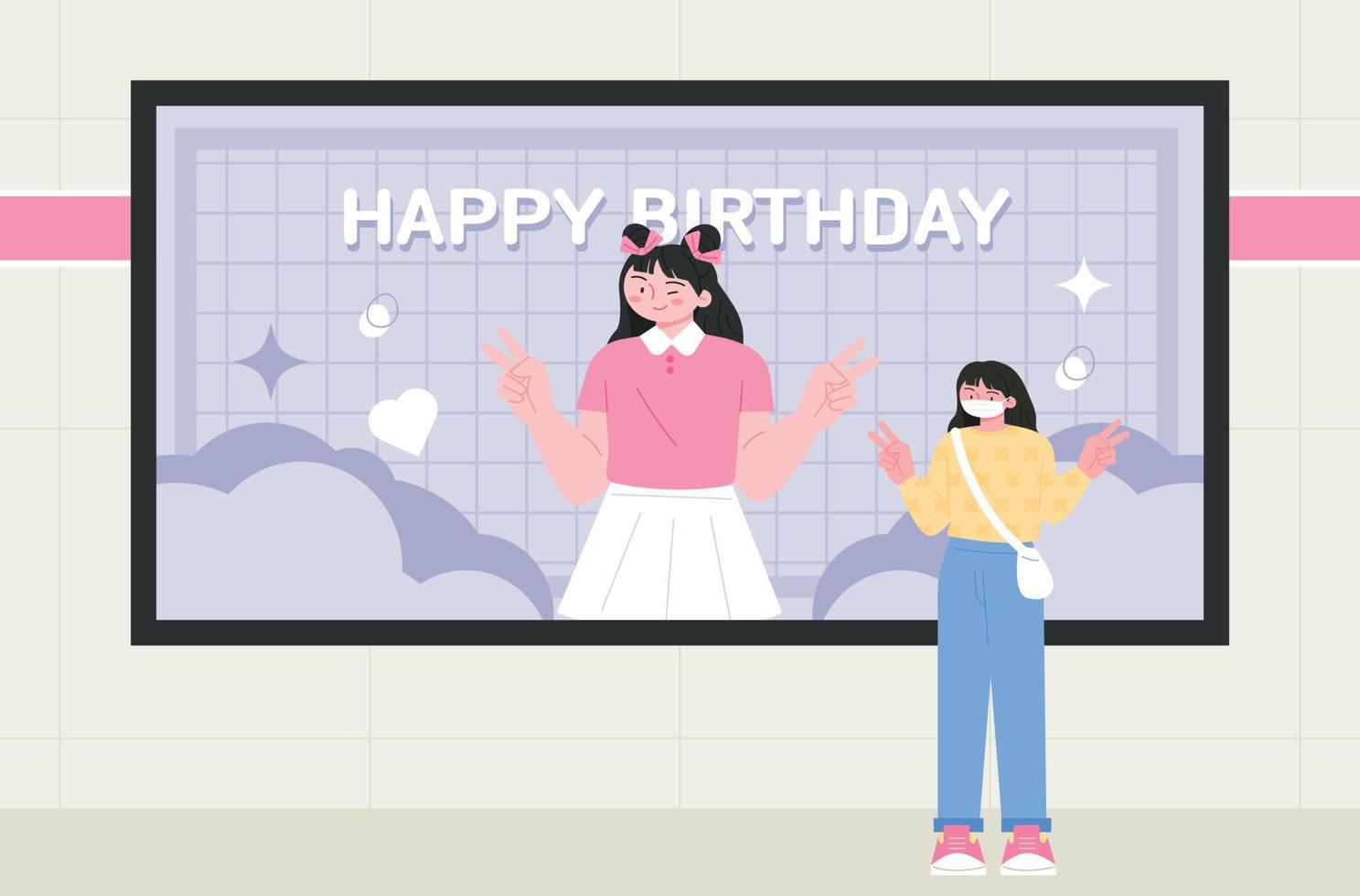 A girl fan poses in front of a star's birthday poster. Korean idol culture. Subway Happy Birthday ad. vector