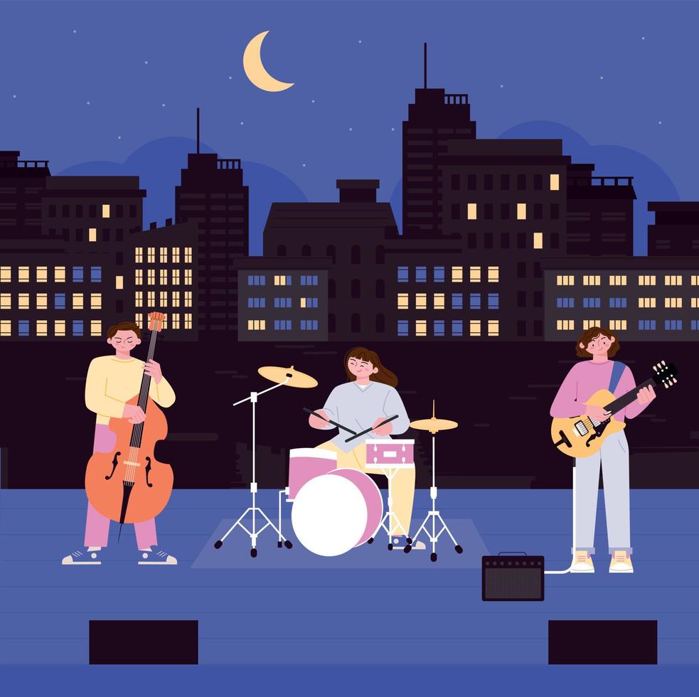 City lights background. Three buskers are performing in the street. vector