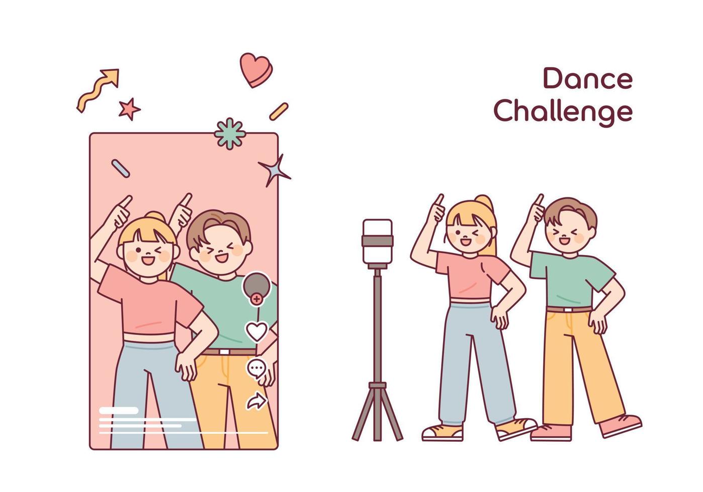 dance challenge. Two young people doing a dance challenge on social media on their smartphones. vector