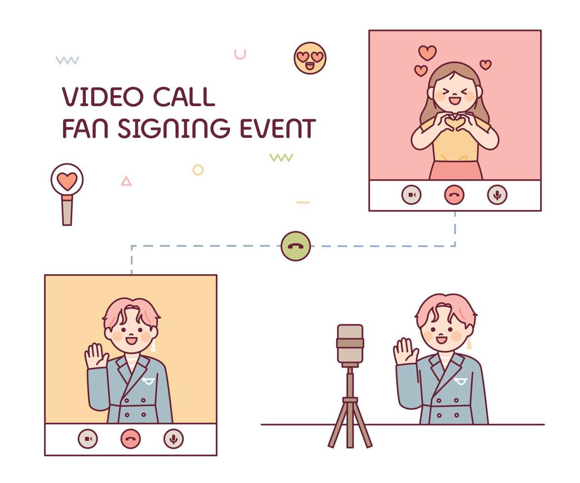 fan meeting. An idol and a fan are talking on mobile. vector