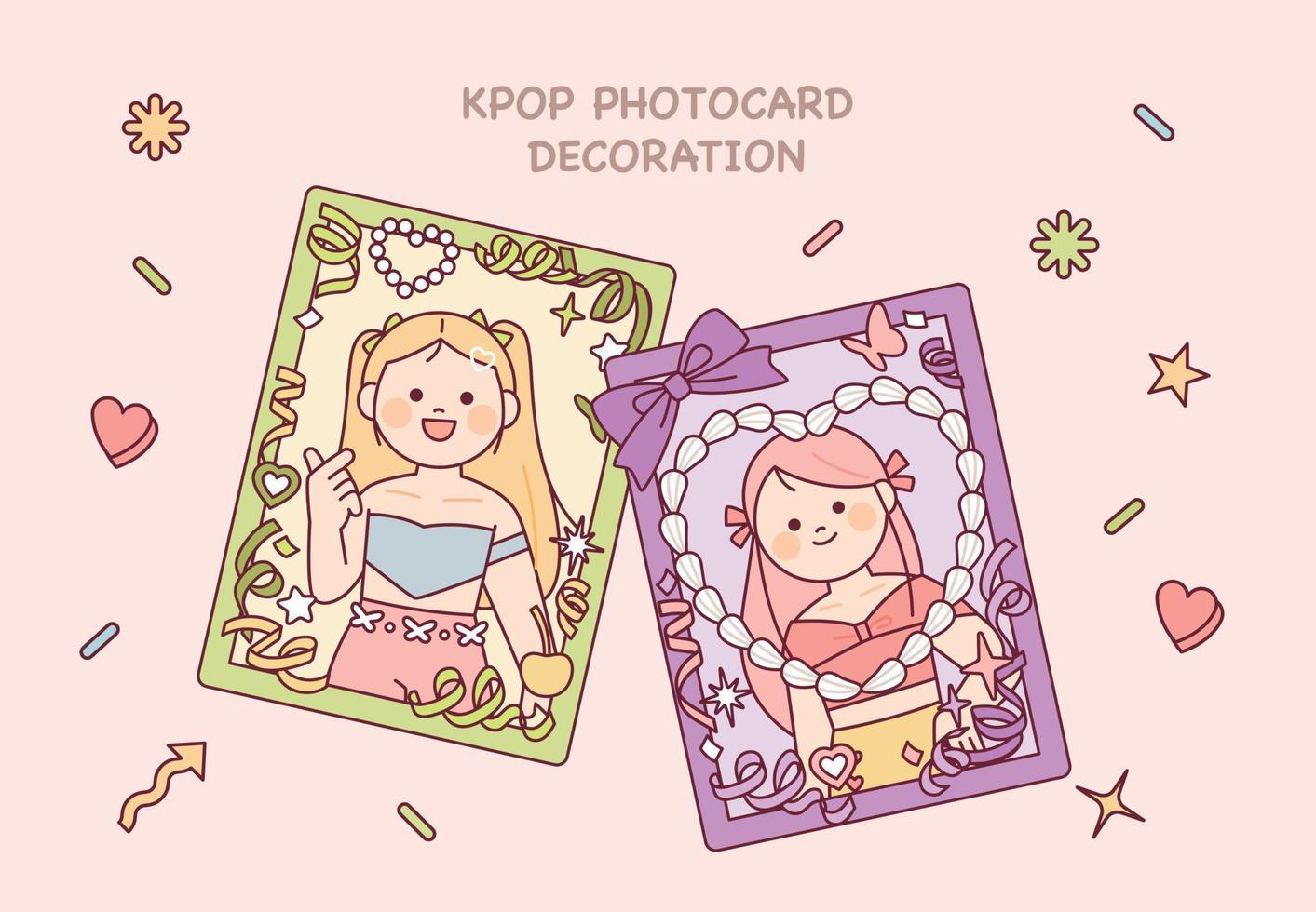 A cute idol photo card. A cute photo frame decorated with ribbons and stickers. vector