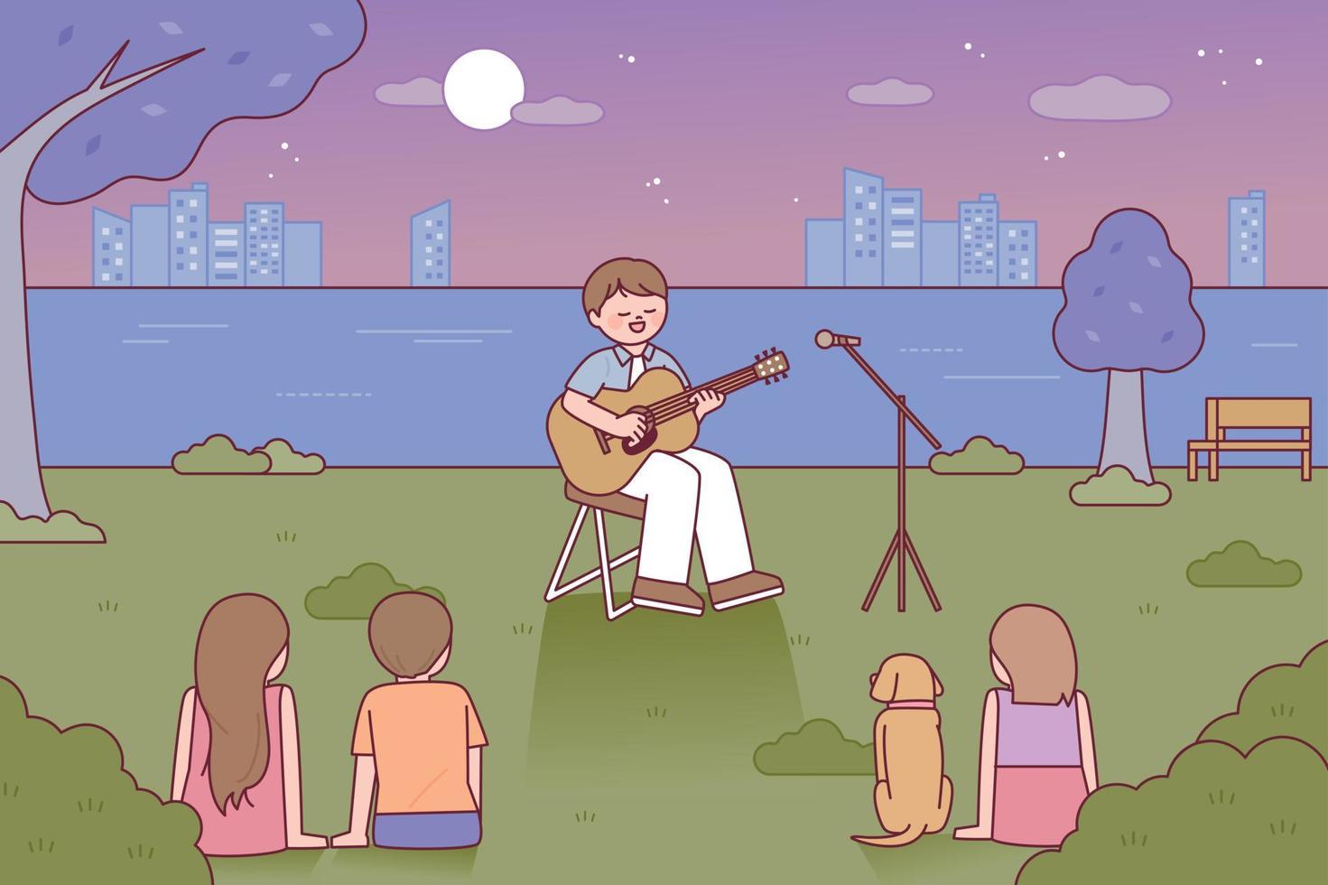 un cantante tocando una guitarra acústica está tocando en el parque. la gente está sentada en el césped y escuchando música. vector
