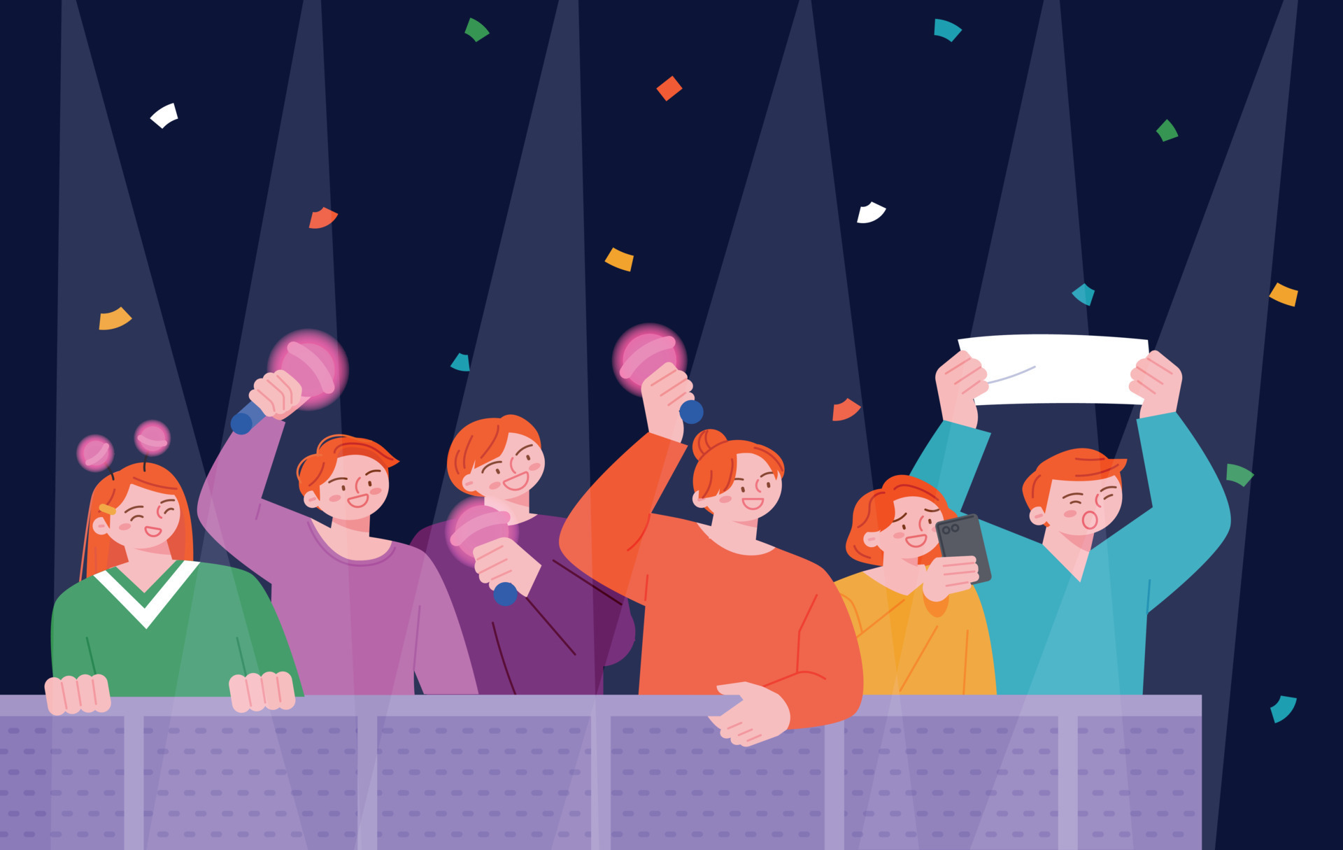 kpop idol fans. Fans are enjoying the concert with placards and light