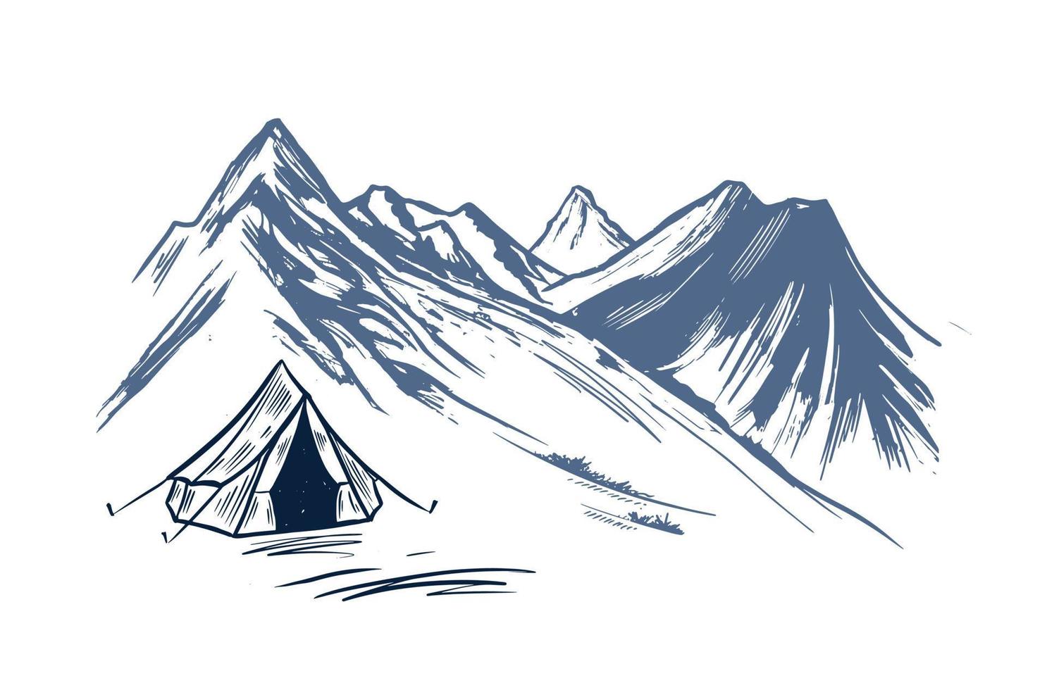 Camping in nature, mountains, hand drawn illustrations vector