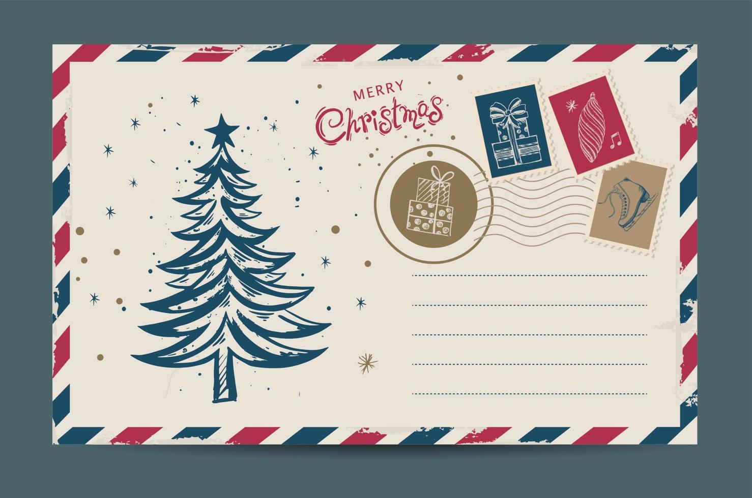 correo de navidad, postal, ilustración dibujada a mano. vector