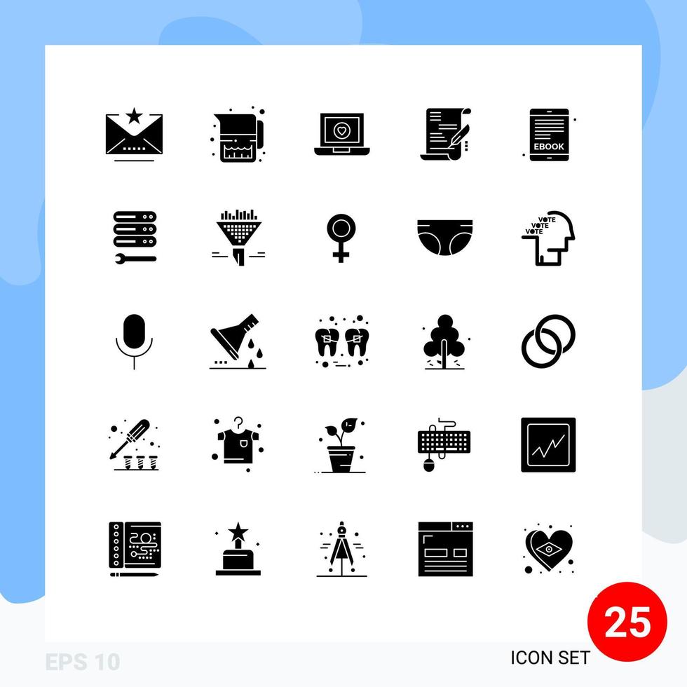 Editable Vector Line Pack of 25 Simple Solid Glyphs of internet book ebook computer document agreement Editable Vector Design Elements