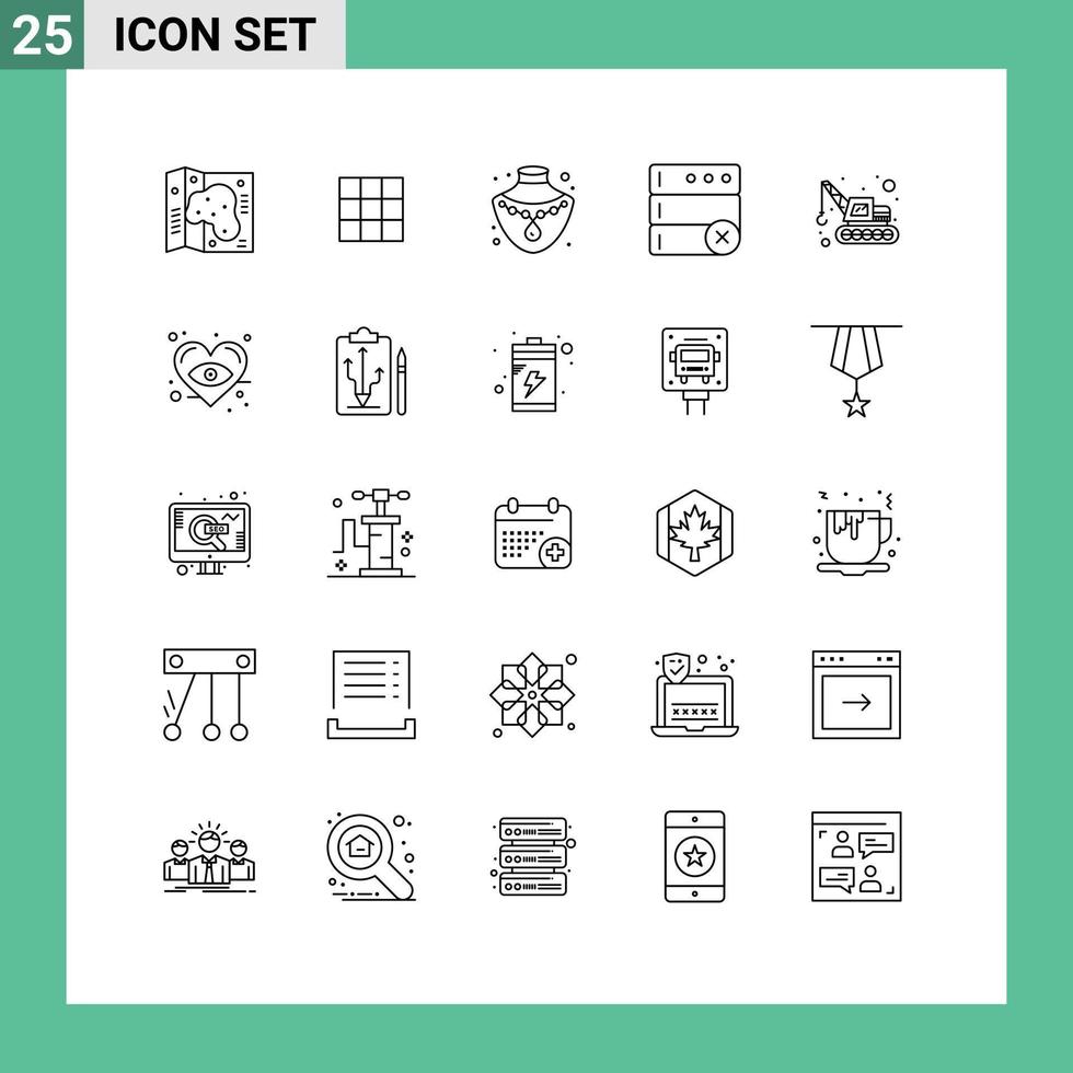 conjunto de 25 iconos modernos de la interfaz de usuario signos de símbolos para la maquinaria ocular excavadora colgante eliminar elementos de diseño vectorial editables vector