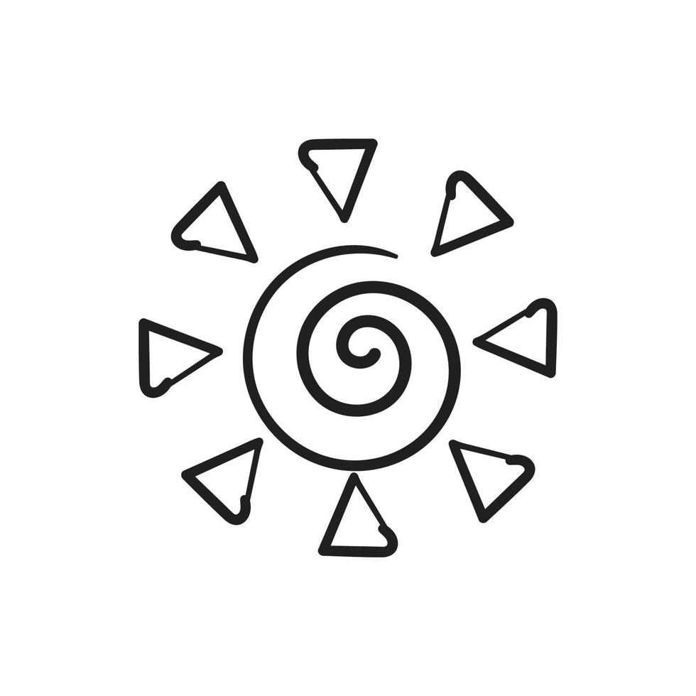 Cute cartoon hand drawn sun drawing. Sweet vector black and white sun drawing. Isolated monochrome doodle sun drawing on white background.