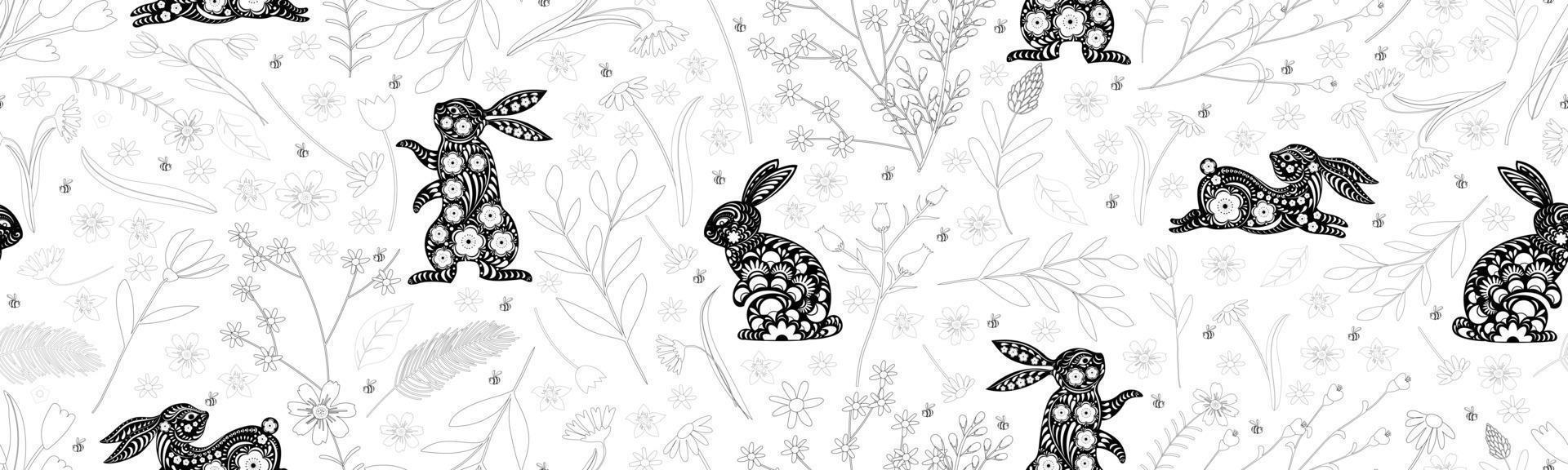 Seamless Rabbit Paper Cut with Doodle cute Flower,leave on White background,Vector Chinese New year Zodiac 2023 sign element,Fabric Pattern Easter Bunny with Floral fancy hare for Print Wrapping Paper vector