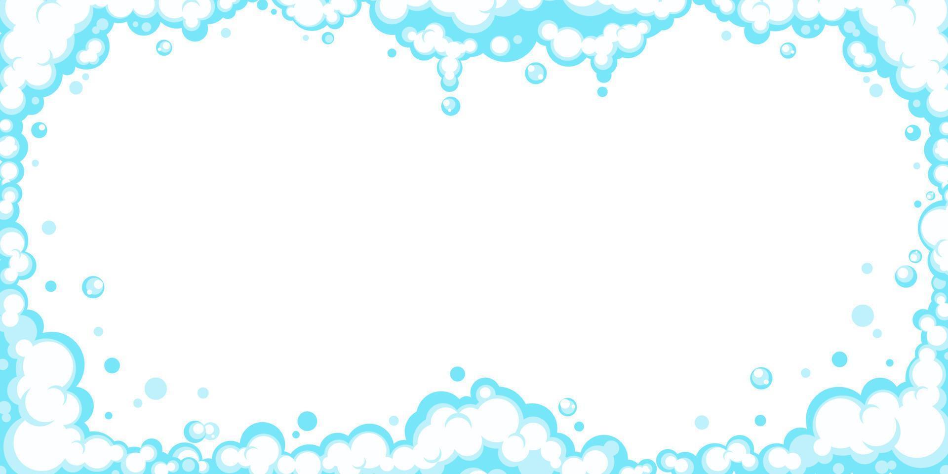 Soapy foam with bubbles. Frame of cartoon shampoo and shaving mousse foam suds. Clouds border. Vector illustration