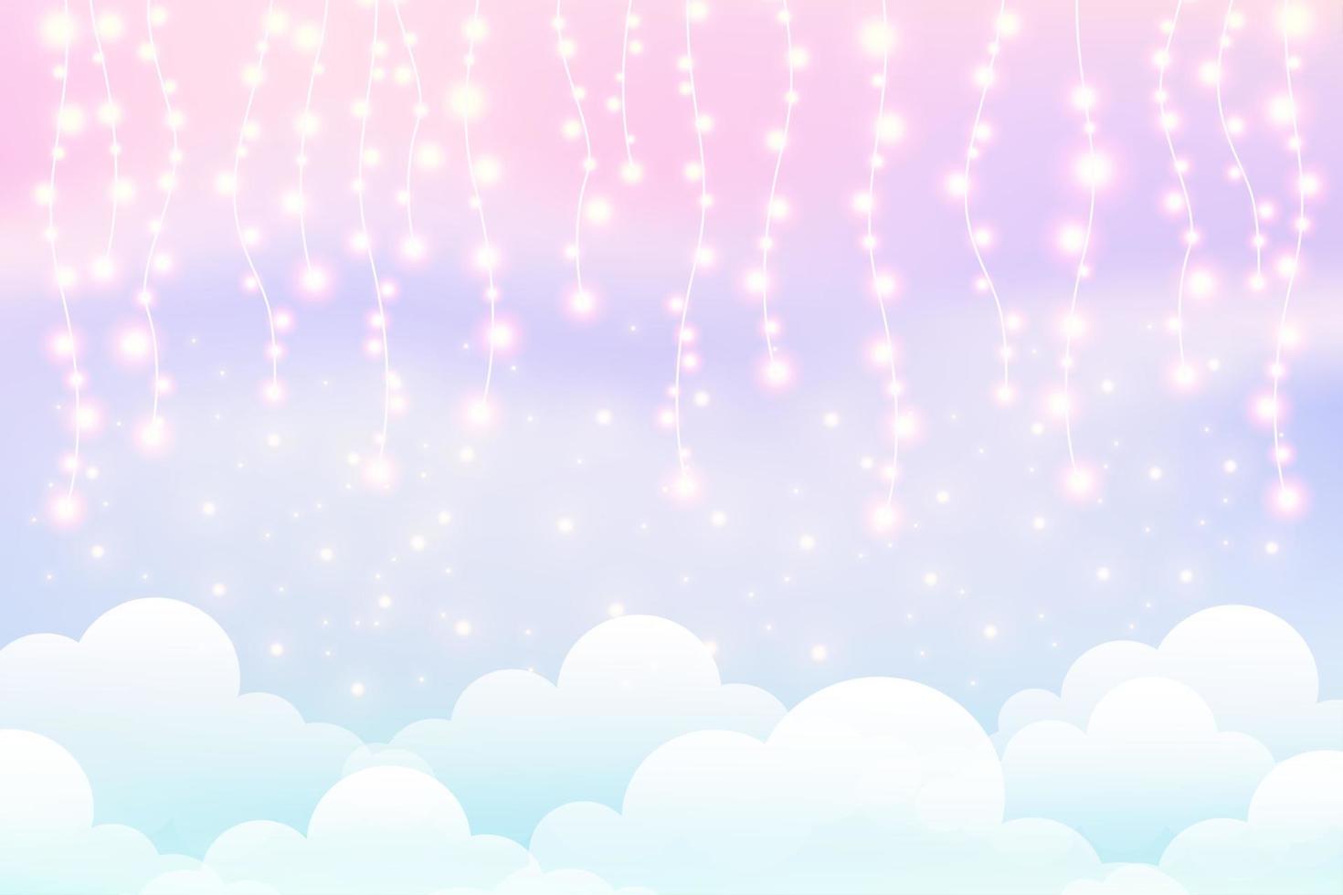 Cloudy sky with lights garland. Cute pastel background. Magic fluffy backdrop for banner, invitation and template. Cartoon vector scene