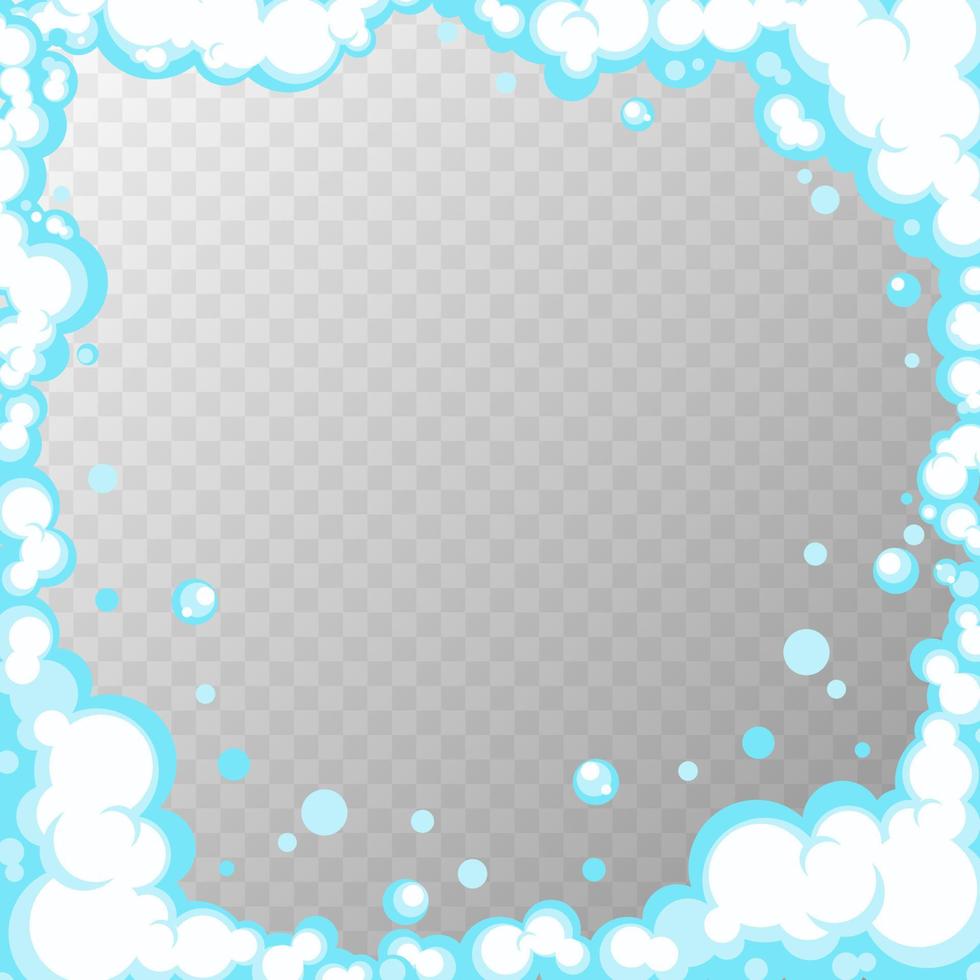 Soapy foam with bubbles. Frame of cartoon shampoo and shaving mousse foam suds. Clouds border. Vector illustration