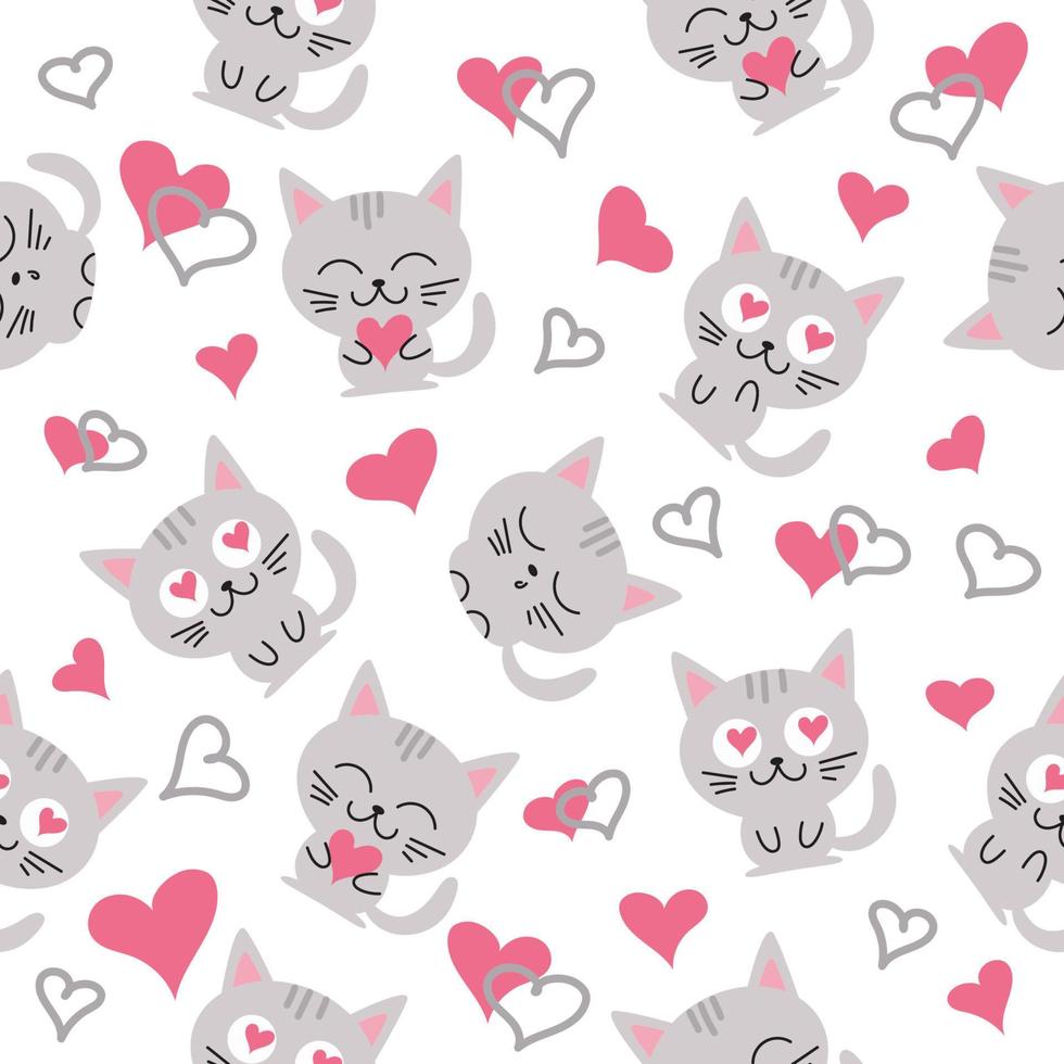 vector seamless pattern with gray cats and hearts