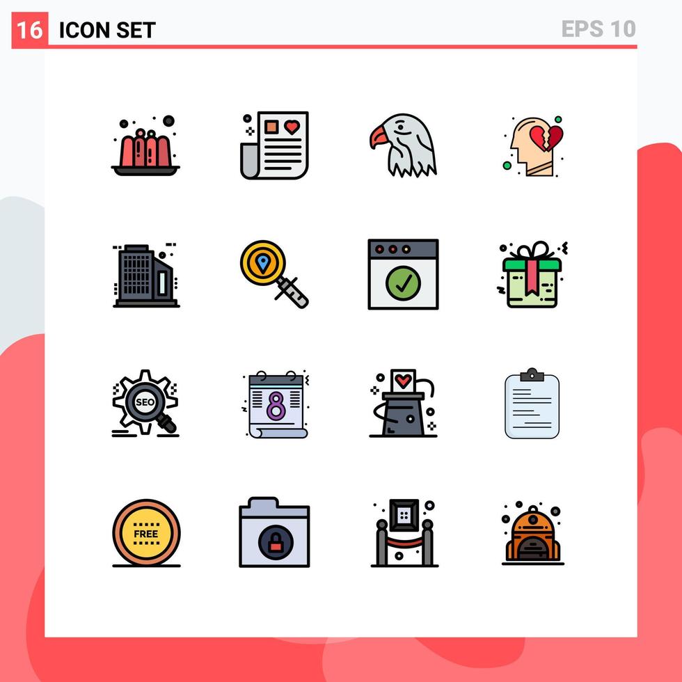 Editable Vector Line Pack of 16 Simple Flat Color Filled Lines of skyscraper building bird break heart feeling Editable Creative Vector Design Elements