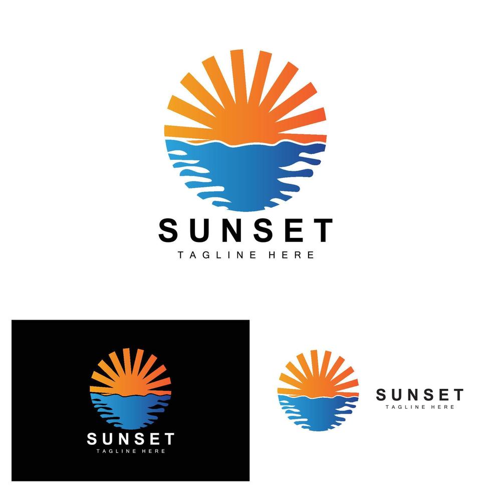 Sunset Beach Logo Design, Seascape Illustration, Red Day Vacation Spot Vector