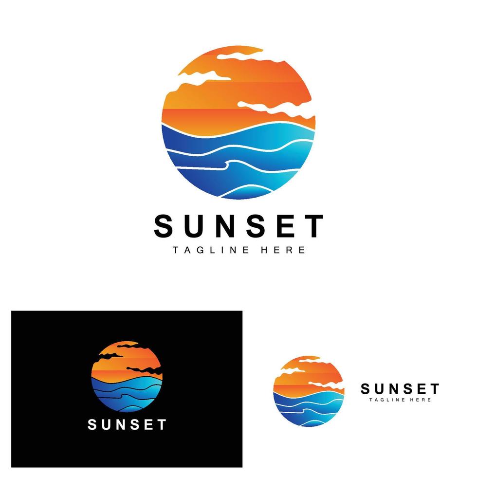 diseño del logotipo de la playa al atardecer, ilustración del paisaje marino, vector de punto de vacaciones de día rojo