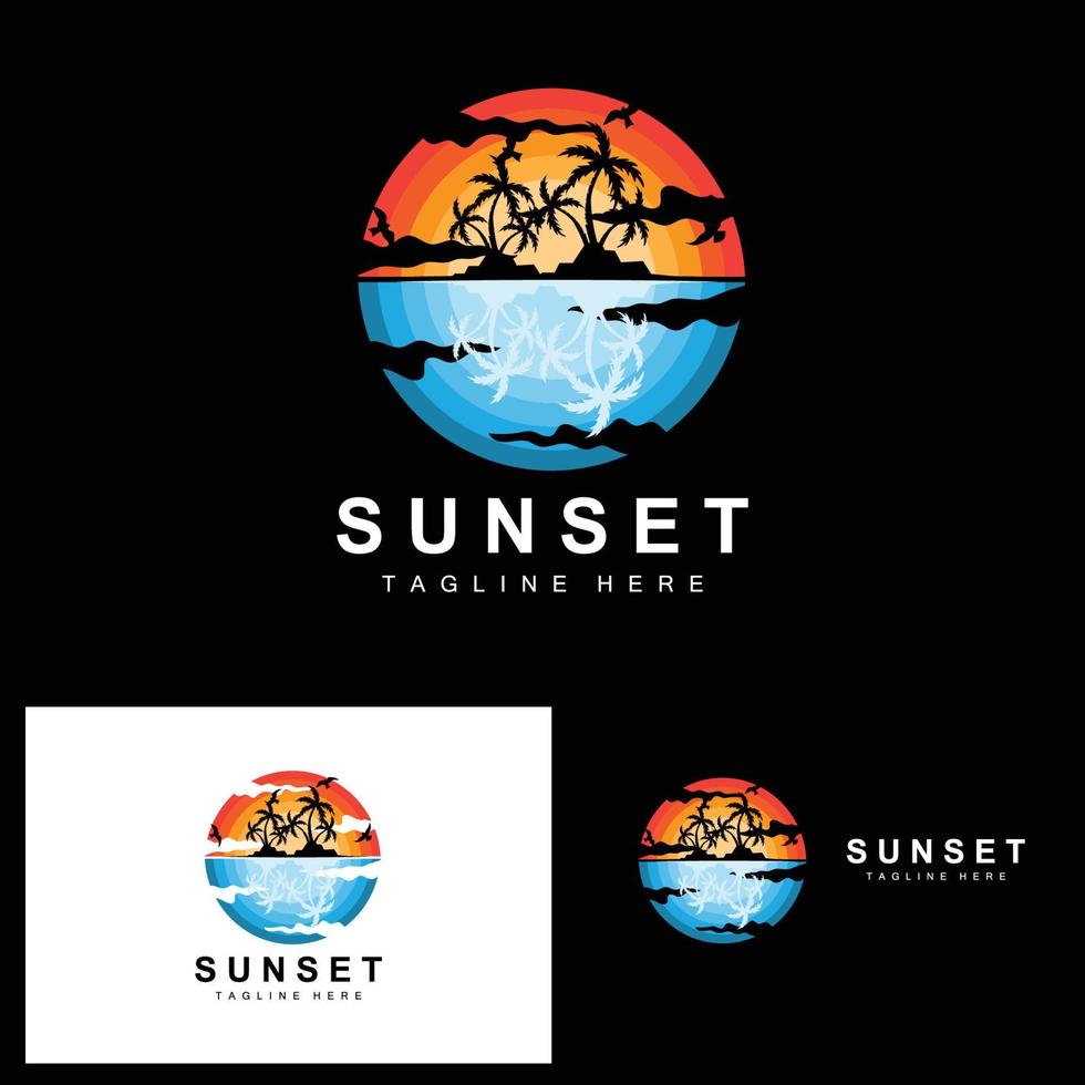 diseño del logotipo de la playa al atardecer, ilustración del paisaje marino, vector de punto de vacaciones de día rojo