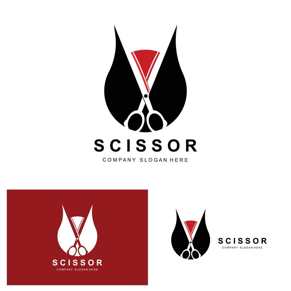diseño de logotipo de tijeras, banner de etiqueta de icono de herramienta de corte de ilustración vectorial y marca de empresa de peluquero vector