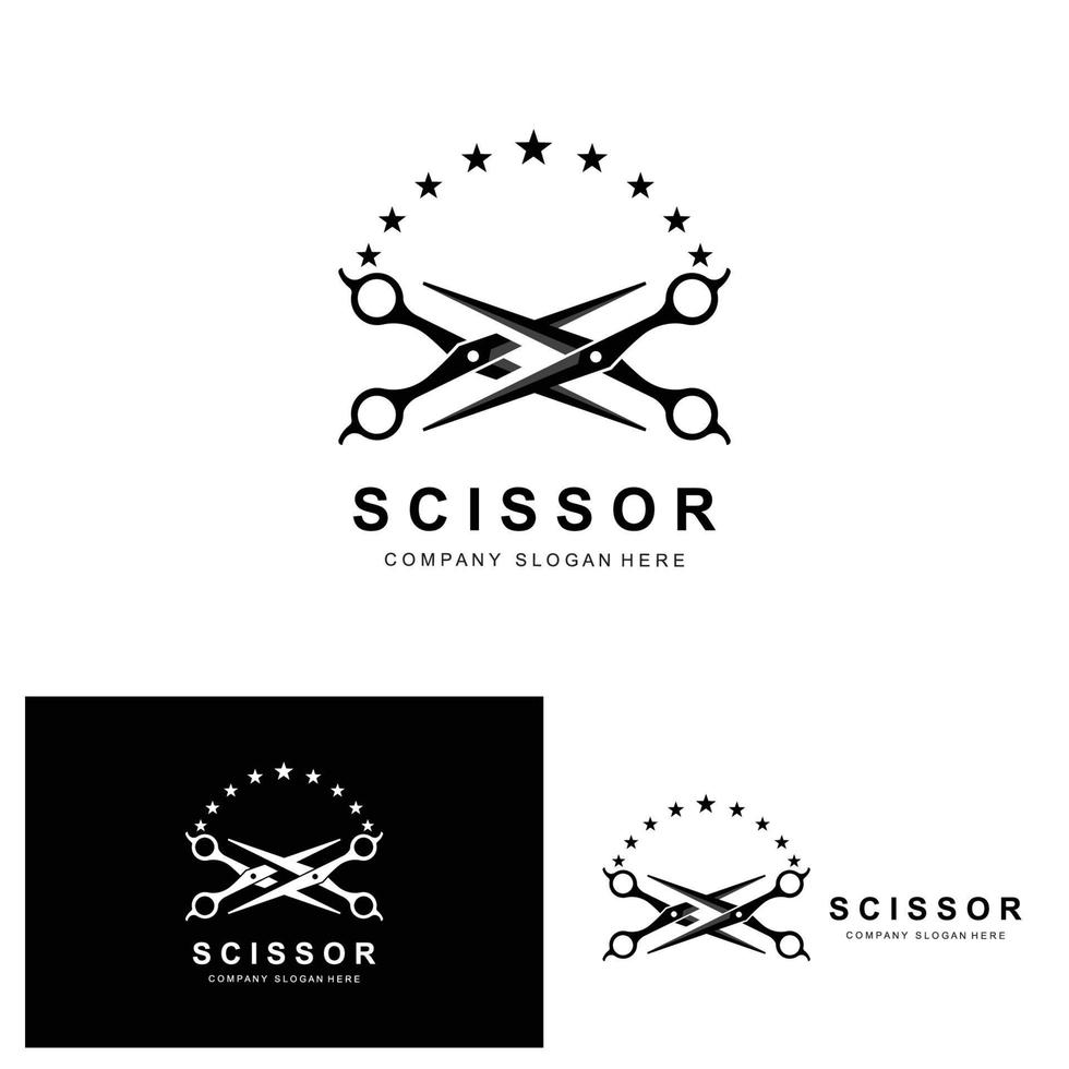 Scissors Logo Design, Vector Illustration Cutting Tool Icon Sticker Banner And Barber Company Brand