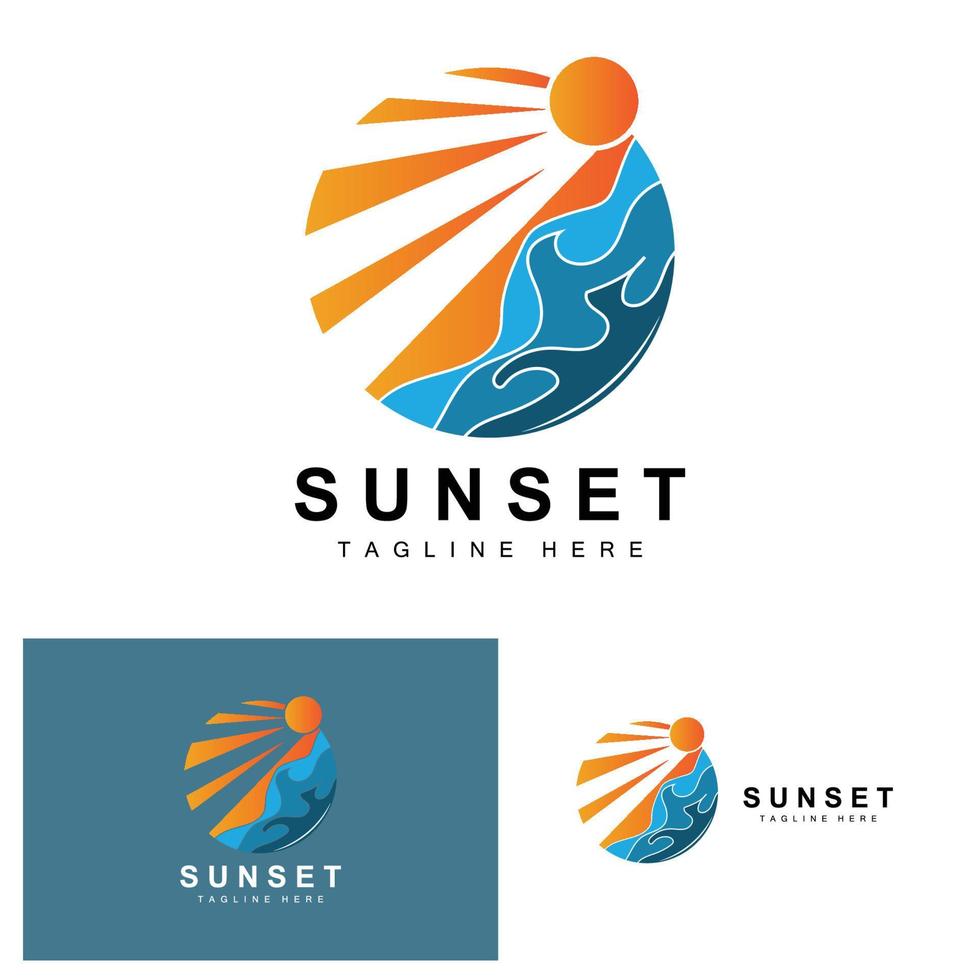 diseño del logotipo de la playa al atardecer, ilustración del paisaje marino, vector de punto de vacaciones de día rojo