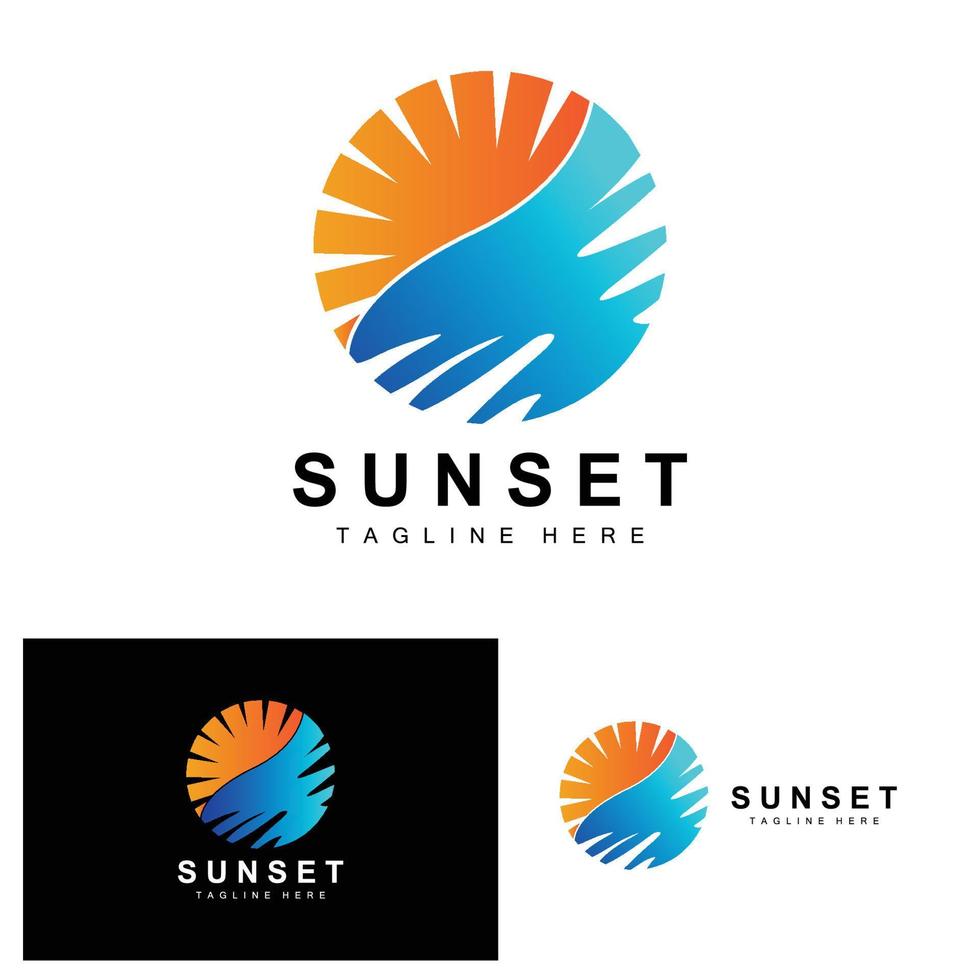 Sunset Beach Logo Design, Seascape Illustration, Red Day Vacation Spot Vector