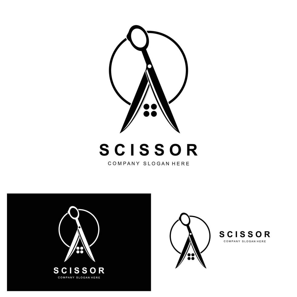 Scissors Logo Design, Vector Illustration Cutting Tool Icon Sticker Banner And Barber Company Brand