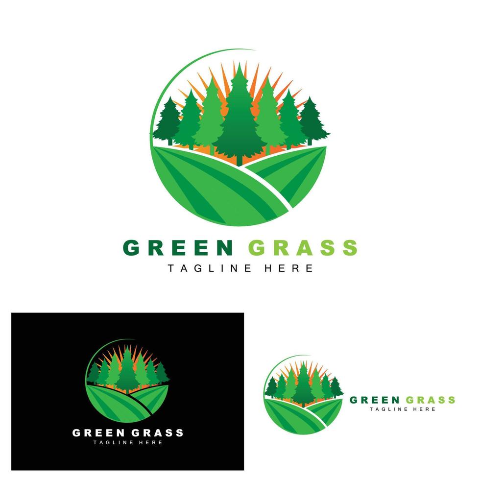 diseño de logotipo de hierba verde, ilustración de paisaje de granja, vector de paisaje natural