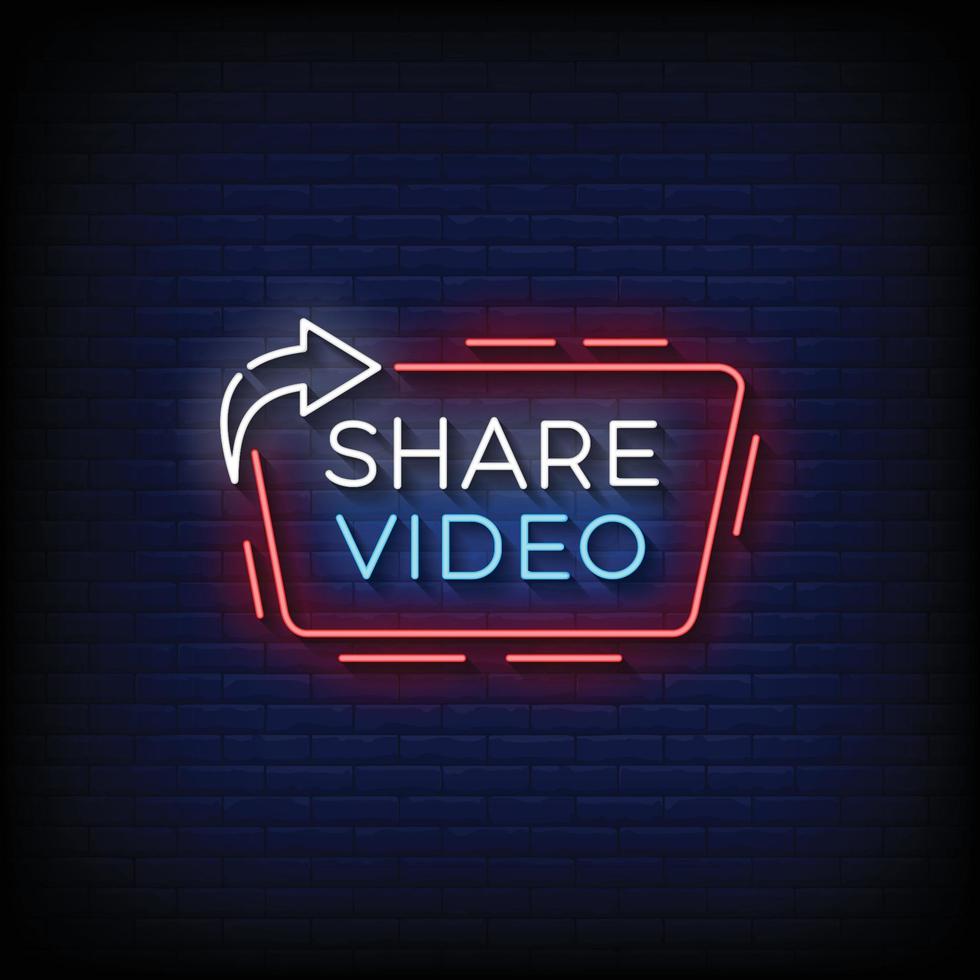 neon sign share video with brick wall background vector illustration