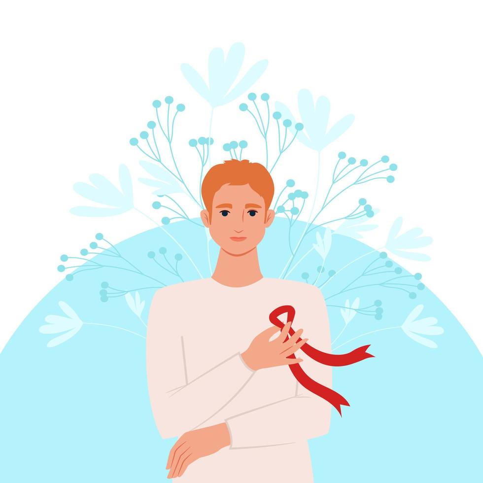 el hombre con una cinta roja en el pecho es un símbolo de la lucha contra el sida. el concepto de prevención de la infección por vih. ilustración plana vectorial vector