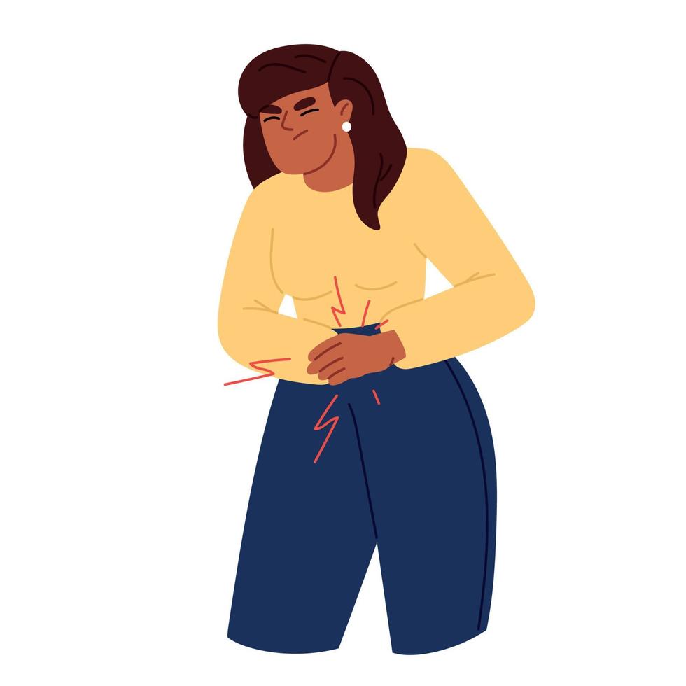 Severe abdominal pain. Appendicitis, painful menstruation. Woman holding her stomach. Flat vector illustration