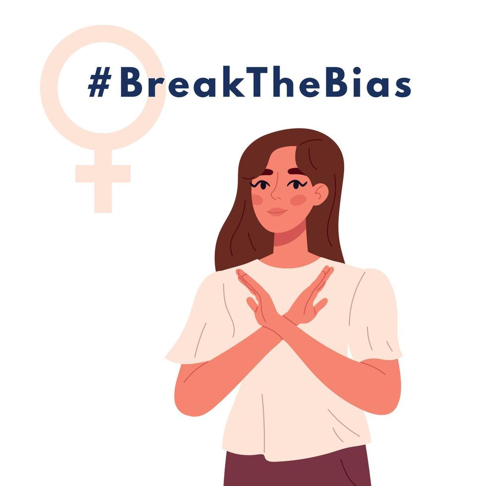 Break the bias. Women's international day. Crossed arms to support gender equality. Flat vector illustration isolated on white background