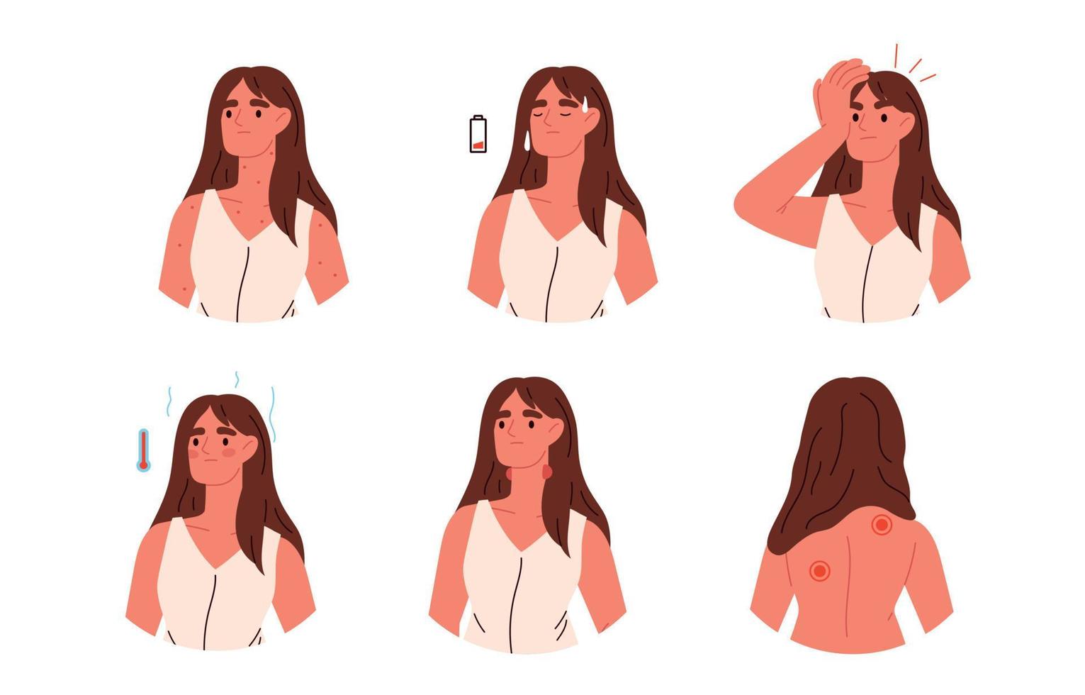 Disease symptoms. Woman with headache, rash, joint pain, fever. Flat vector illustration