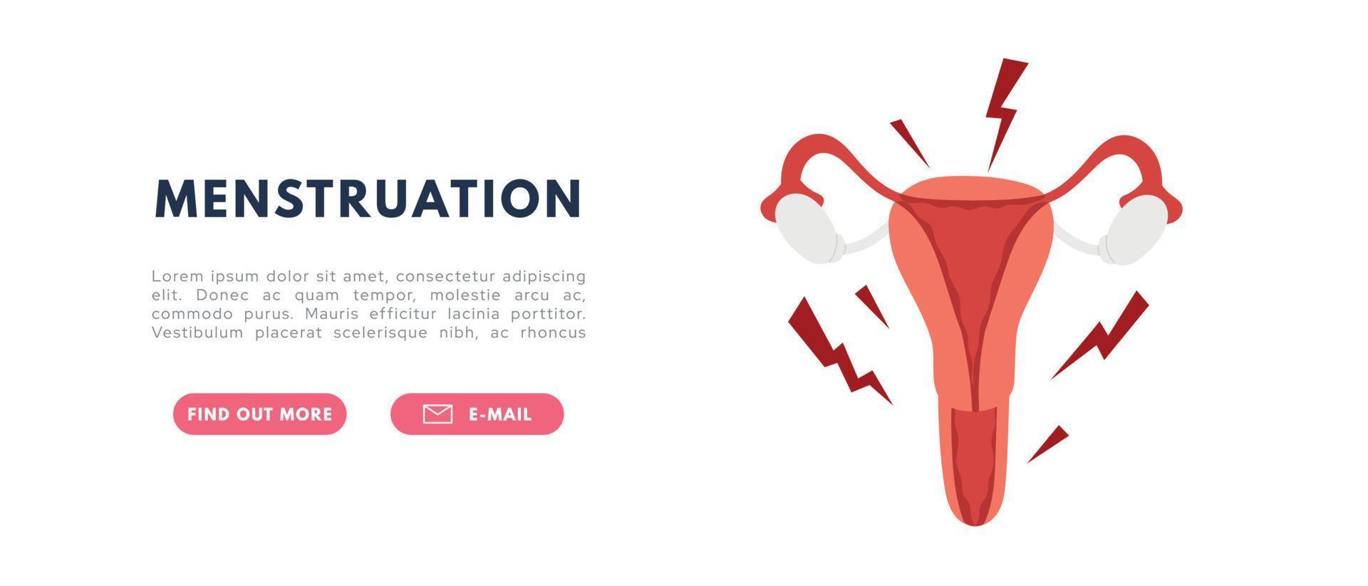 Severe abdominal pain. Appendicitis, painful menstruation. Woman holding her stomach. Flat vector illustration