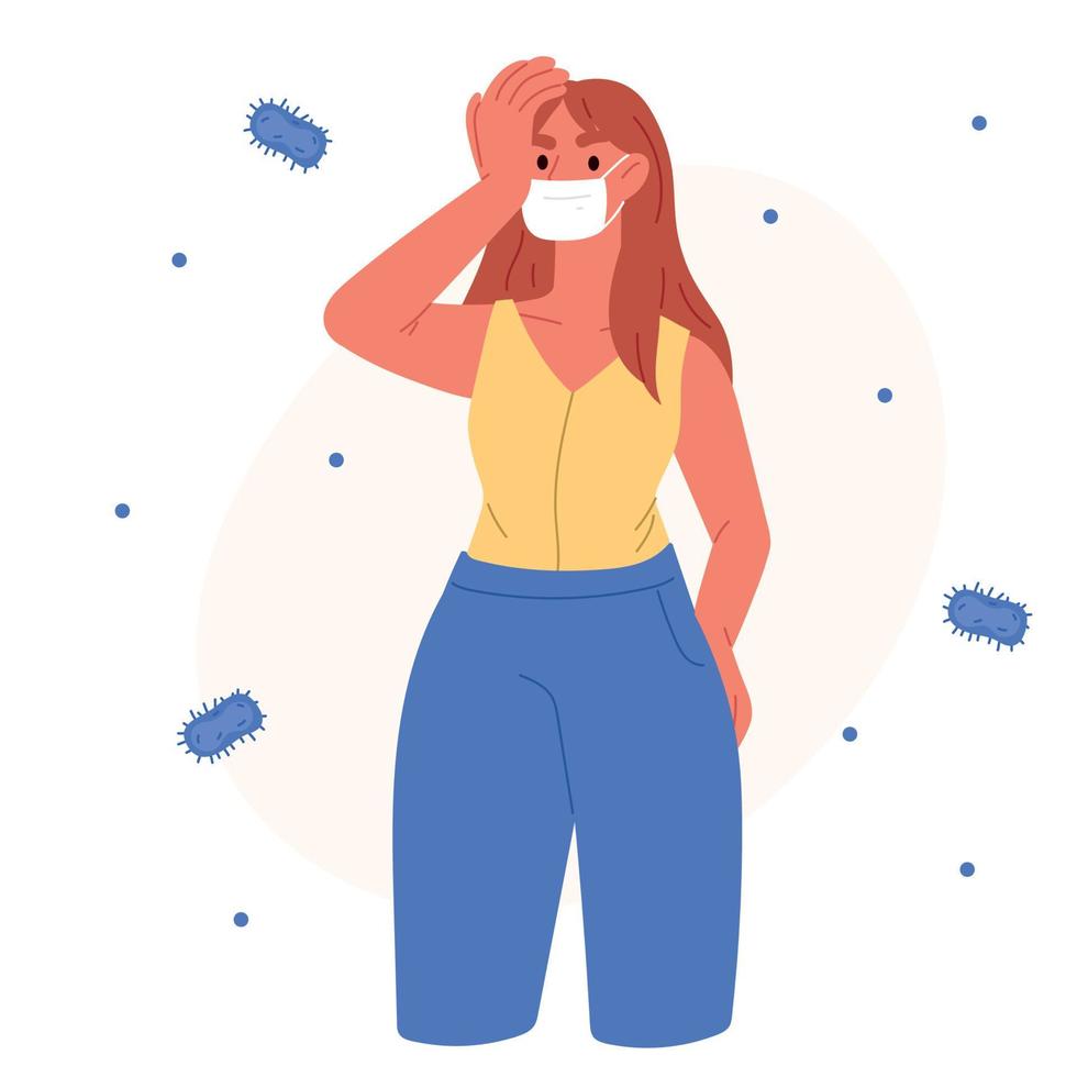 Woman in medical mask protects herself from germs. Disease prevention. Flat vector illustration