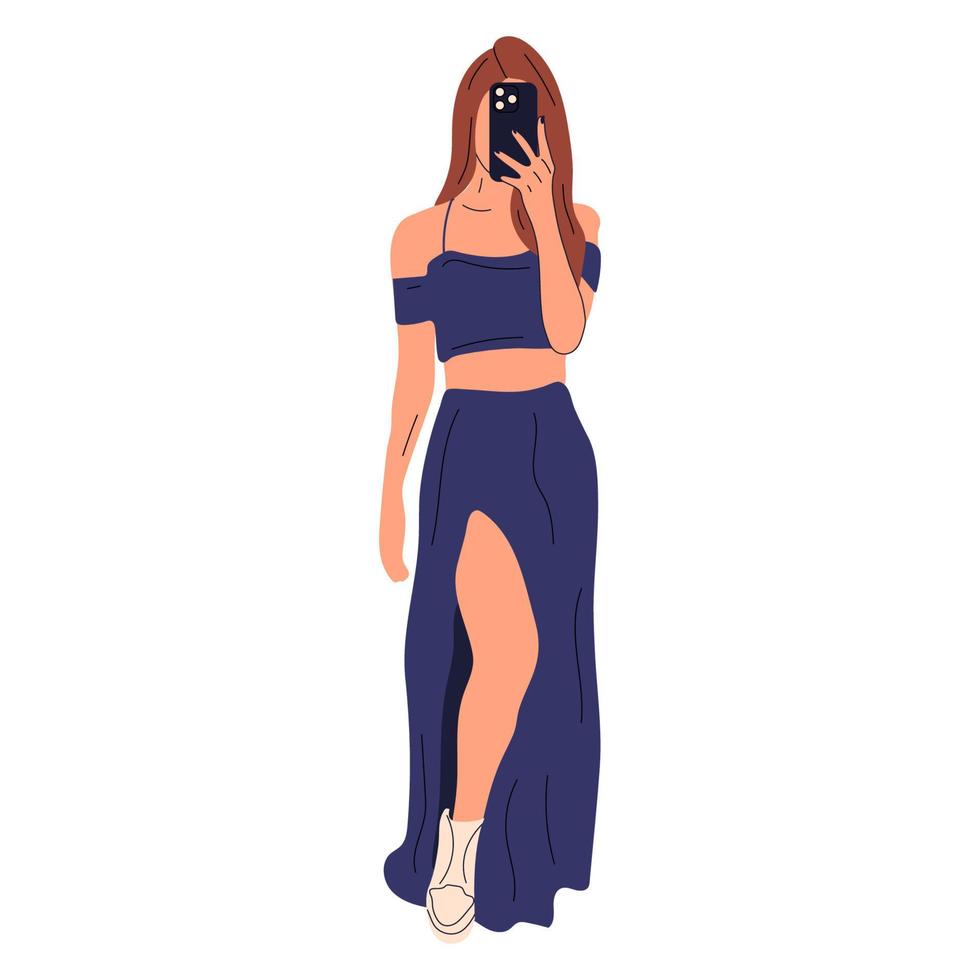 Beautiful young woman in a fashionable dress takes off herself on a smartphone. Hand drawn sketch. Vector illustration.