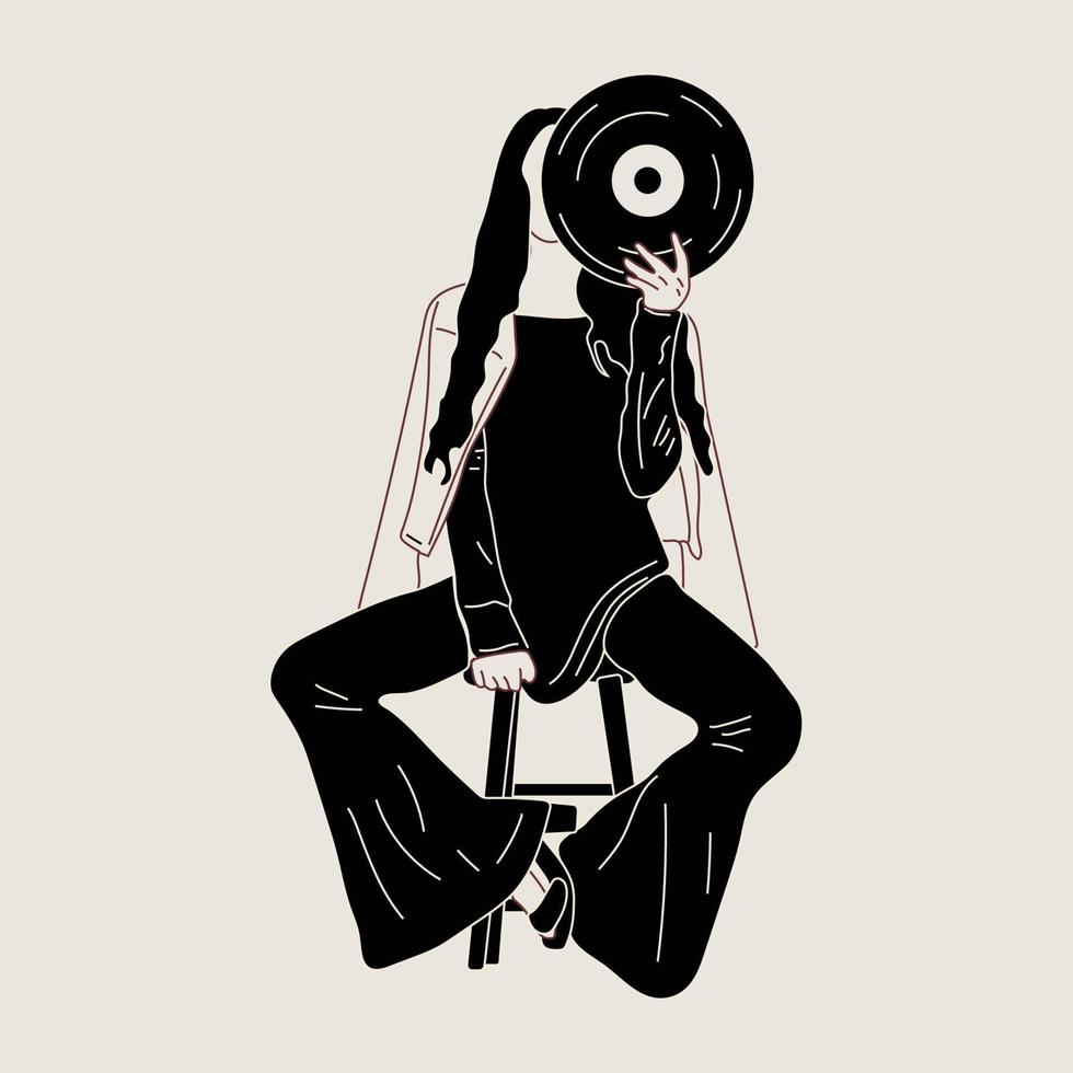 Girl holds an old vinyl record in her hands .Retro fashion style from 80s. Vector illustrations in black and white colors.
