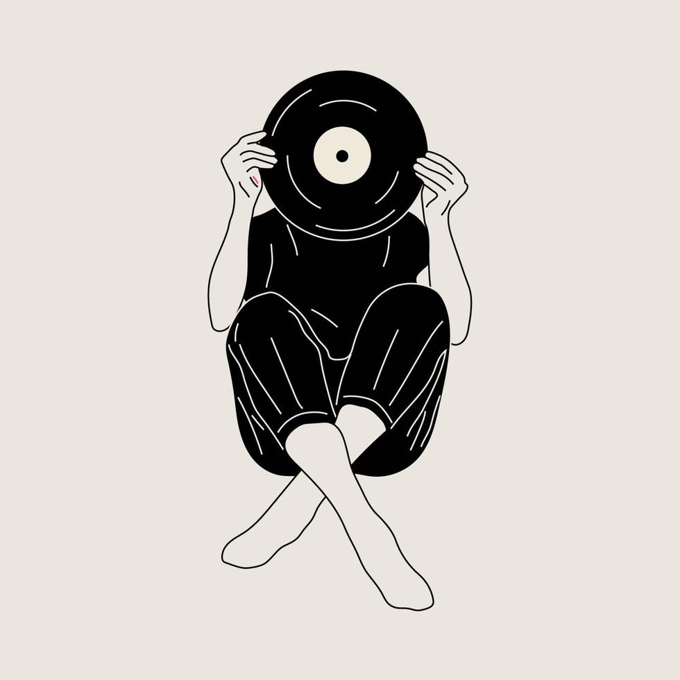 Girl holds an old vinyl record in her hands .Retro fashion style from 80s. Vector illustrations in black and white colors.