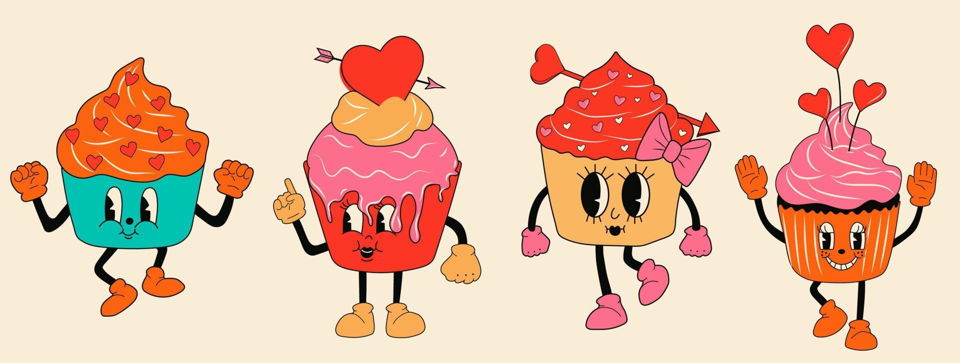 Retro set cupcake 30s cartoon mascots characters -. 40s, 50s, 60s old animation style.Valentine's Day cupcake style vector. Happy, smile emotions. vector