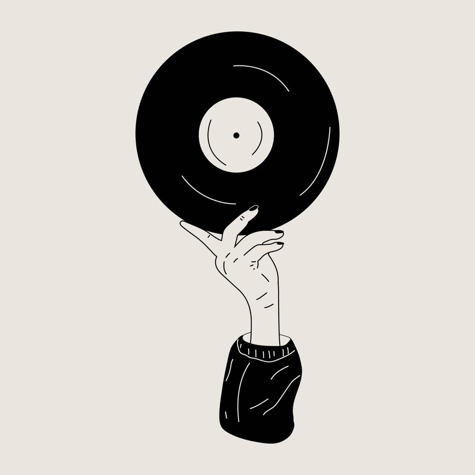 Hand holds an old vinyl record in her hands .Retro fashion style from 80s. Vector illustrations in black and white colors.