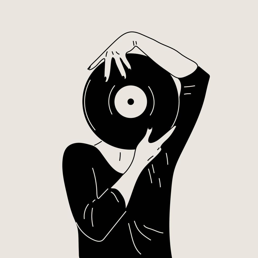 chica tiene un viejo disco de vinilo en sus manos. estilo de moda retro de los años 80. ilustraciones vectoriales en colores blanco y negro. vector