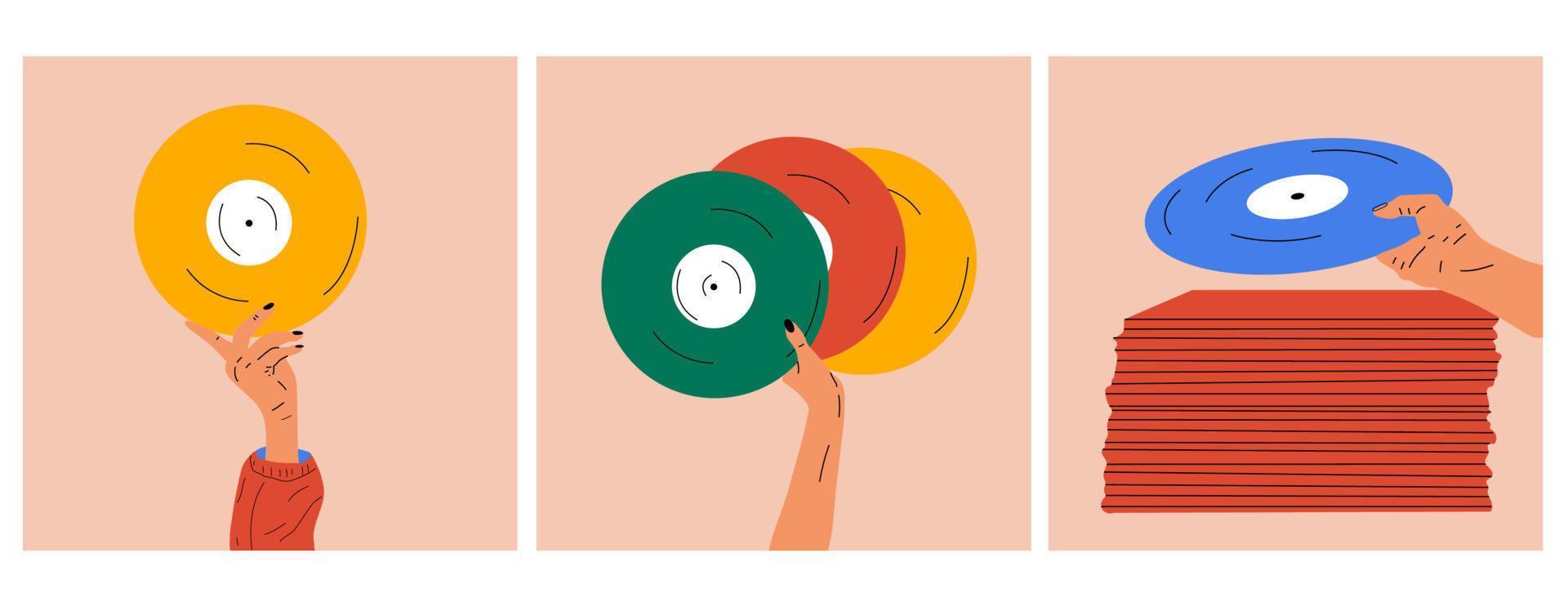 conjunto de tres ilustraciones mano sostiene un viejo disco de vinilo en sus manos .estilo de moda retro de los años 80. ilustraciones vectoriales en colores de moda. vector