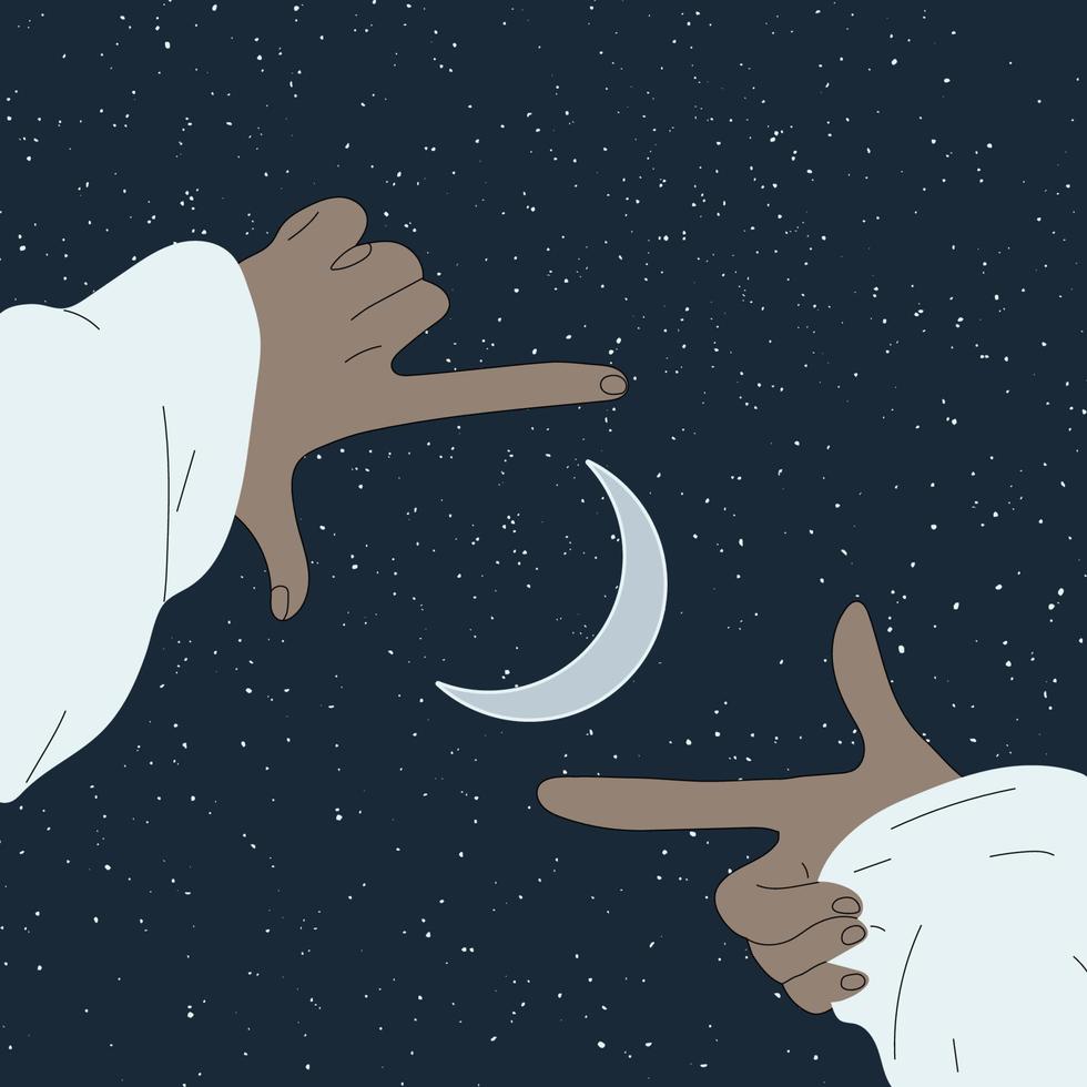 alcanzando las manos en la noche de luna. ilustración de vector romántico con silueta de gesto de mano sobre fondo estrellado. luna llena en el cielo estrellado