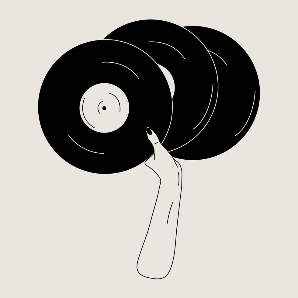 Hand holds an old vinyl record in her hands .Retro fashion style from 80s. Vector illustrations in black and white colors