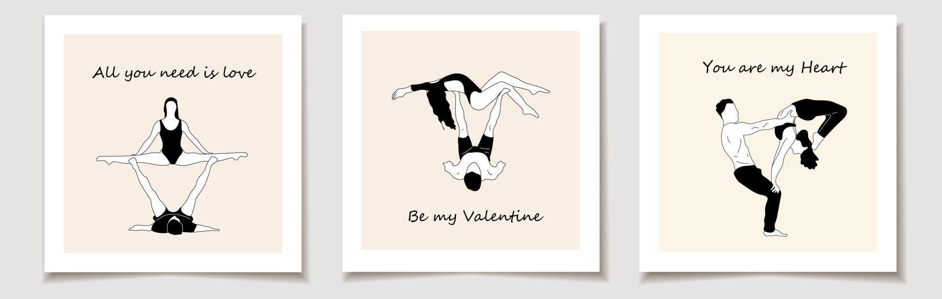 Set of Valentine's day card with Yoga asanas for couple yoga.Hand drawn sketch vector
