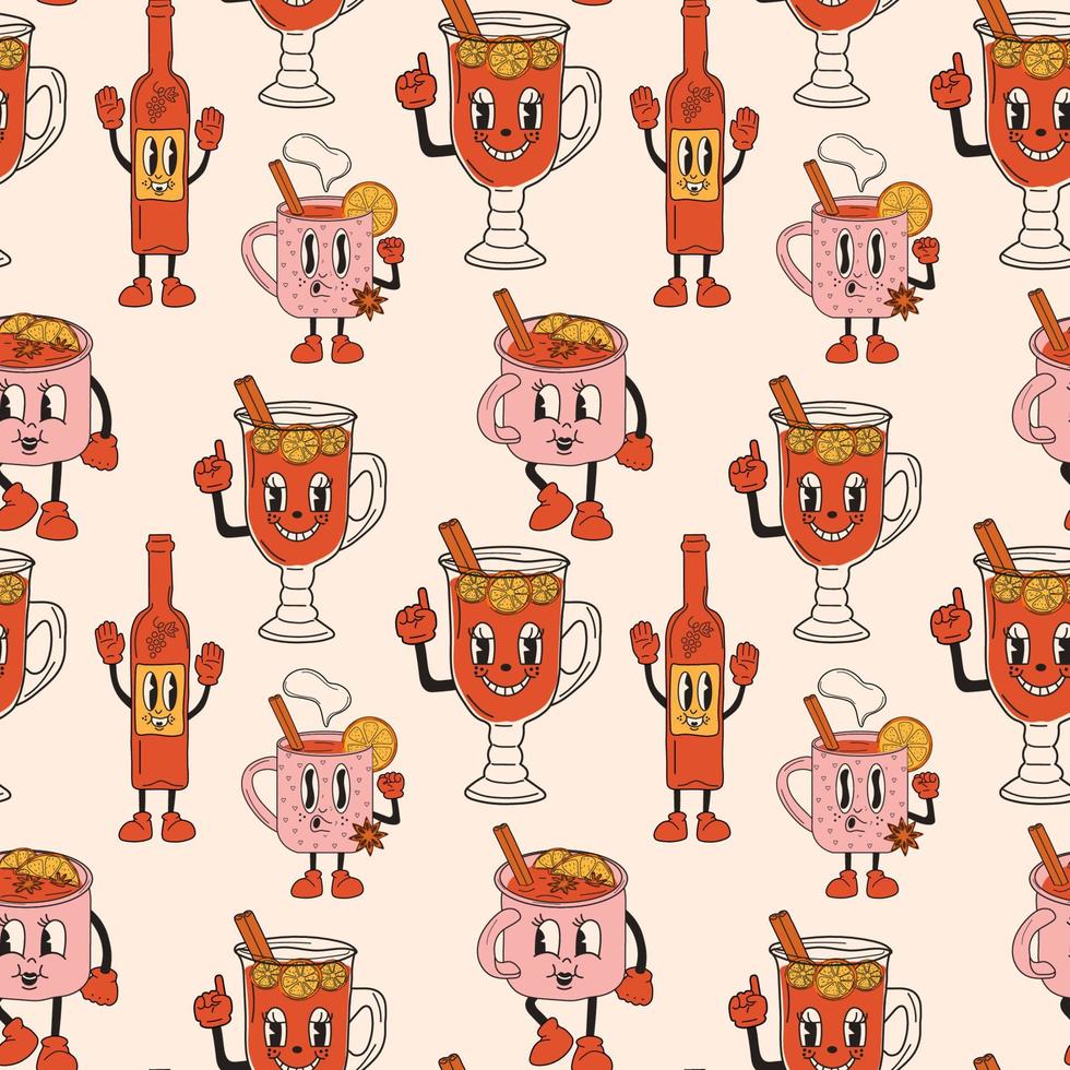 Seamless pattern with Set of Retro Mulled wine. 30s cartoon mascot character -. 40s, 50s, 60s old animation style.Mulled wine with cinnamon.Vector in cartoon style. vector